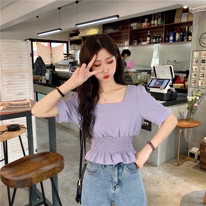 Áo kiểu nữ dáng croptop cổ vuông tay bồng đan dây ngực chun eo mặc hai kiểu phong cách Hàn Quốc xinh xắn