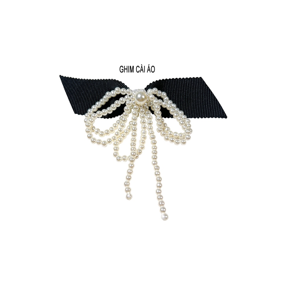 Trâm &amp; Ghim cài áo nữ chất liệu hạt trai cổ điển nơ đen ruy băng theo phong cách pháp [ có bán số lượng]