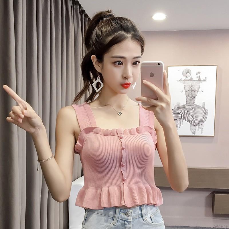 Áo dệt kim sát nách phối nhún bèo thiết kế màu trơn thời trang cho nữ