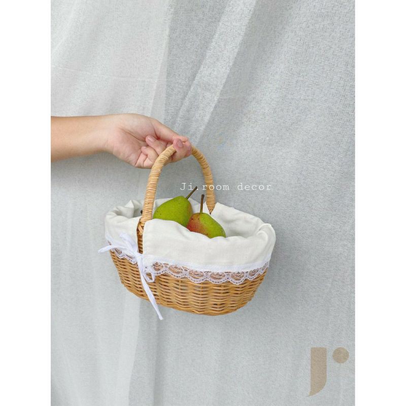 Giỏ mây picnic có lót trắng,  đựng đồ đa năng, decor, phụ kiện chụp ảnh trang trí