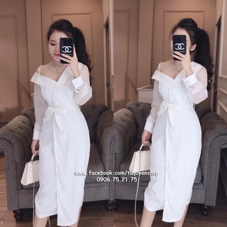 Váy midi cổ chéo lệch vai dây đính ngọc tay voan