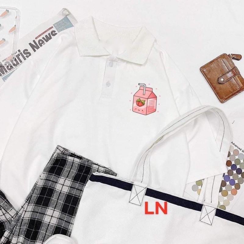 Sét áo polo sữa dâu+quần kẻ đen LN11