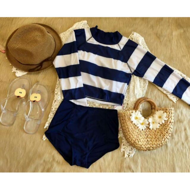 Bikini tay dài sọc xanh đen