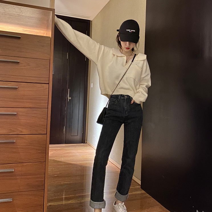 Áo sweater SUXI cổ polo dáng rộng phong cách vintage Hàn Quốc cho nữ