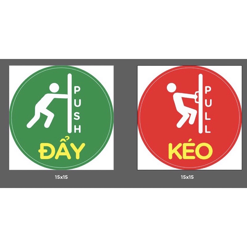 Set combo 2 biển báo "ĐẨY - KÉO Cửa Ra Vào PULL - PUSH, CỬA KÍNH TỰ ĐỘNG / CỬA LÙA decal chống nuớc cáng màng kim tuyến.