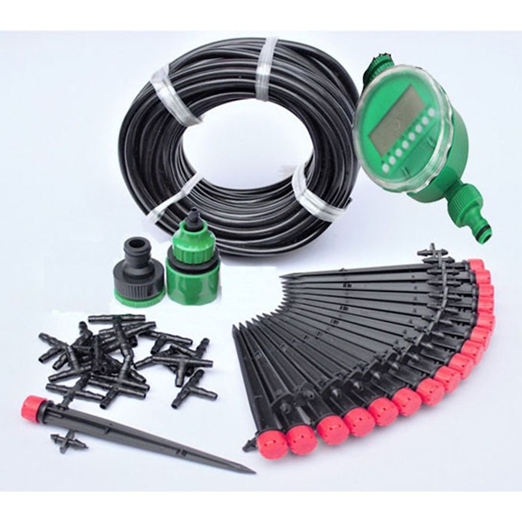 Bộ béc tưới cây nhỏ giọt tự động 20 đầu cắm phun 8 tia kèm van nước hẹn giờ