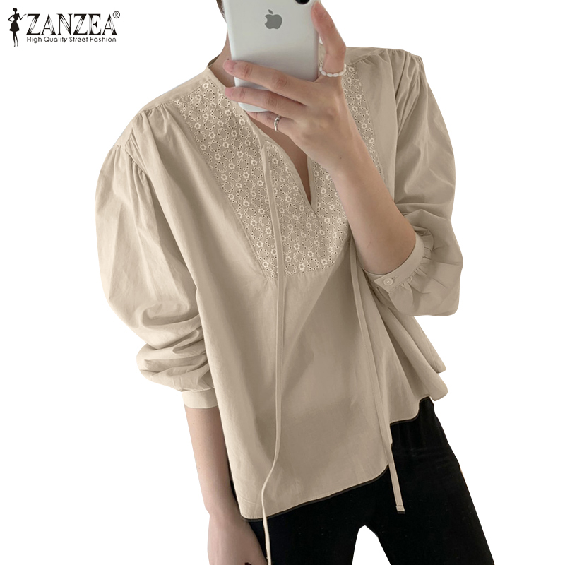 Áo Kiểu ZANZEA Tay Dài Thêu Hoa Cổ Chữ V Thường Ngày Cho Nữ