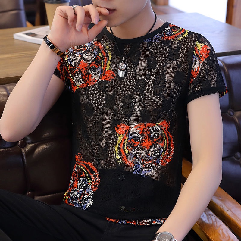 Áo Thun Ngắn Tay Vải Lụa Mát Phối Lưới Thời Trang Xu Hướng Cho Nam