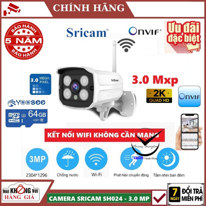 ( TẶNG THẺ NHỚ 64G YOOSEE ) Camera wifi ngoài trời Srihome Sh024 , phát hiện chuyển động , AP HOTSPOT , camera an ninh