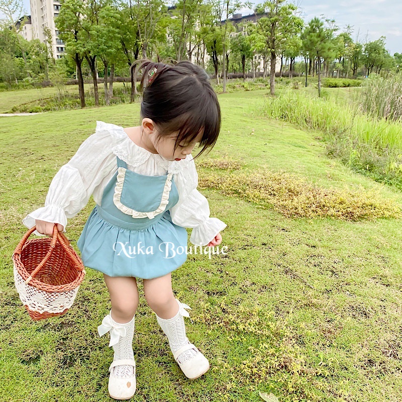 Set yếm vải kèm áo sơ mi trắng Bé Gái cổ tròn Soft Cotton Cao Cấp Sz 80/90/100/110 ( Ảnh thật)