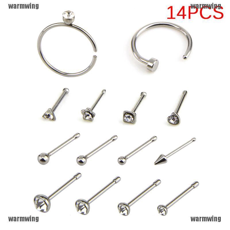 Set 14 Khuyên Mũi Thép Không Gỉ Đính Đá Pha Lê