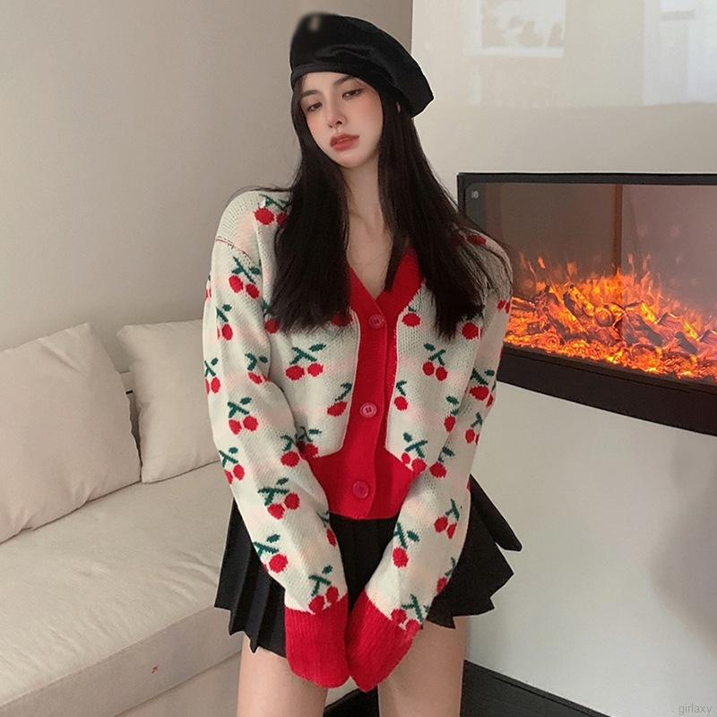 Áo len cổ chữ V tay dài in hình quả anh đào phong cách Hàn Quốc cổ điển cho nữ