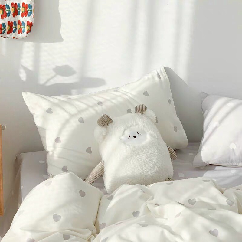 Bộ Chăn Ga Gối Cotton Poly Loại Đẹp Mẫu Tim Xám Phối GHi