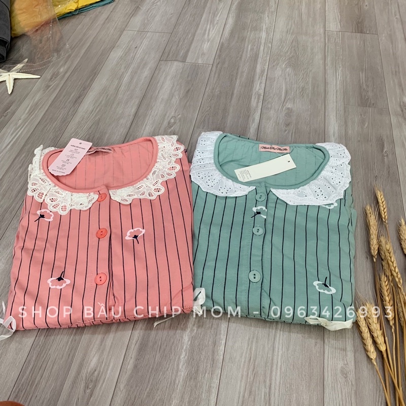 Bộ bầu và sau sinh dài tay, cổ ren bèo chất cotton đẹp mềm, kiểu dáng kẻ sọc cực xinh và trẻ trung BD46