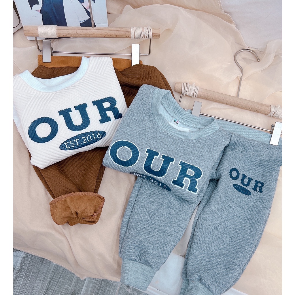Bộ thu đông bé trai, bộ nỉ xốp hàn hình dập nổi OUR dáng Hàn Quốc cho bé