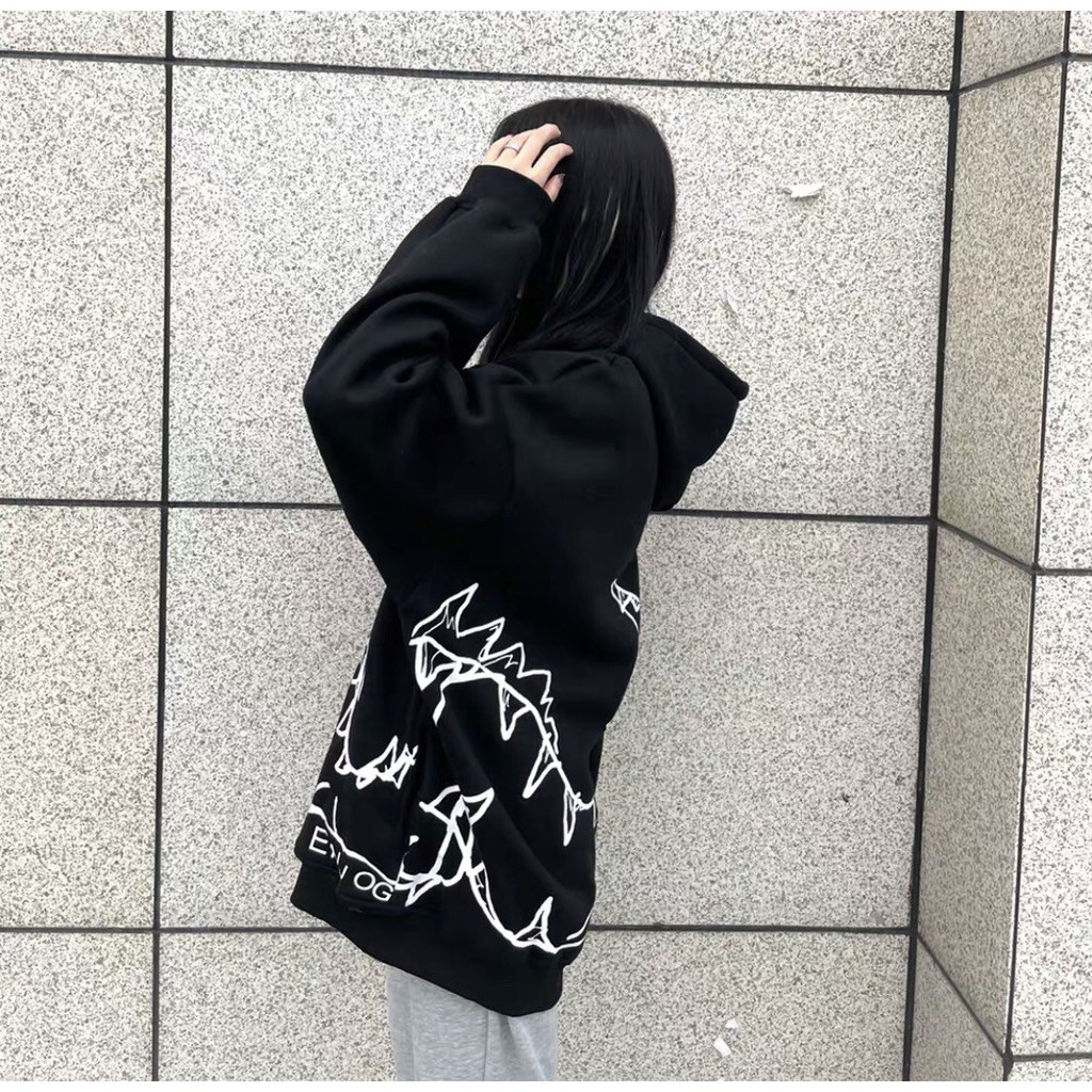 ÁO KHOÁC HOODIE NÓN VẢI NỈ MÀU ĐEN ĐẦU KHỦNG LONG Unisex hoodies | BigBuy360 - bigbuy360.vn