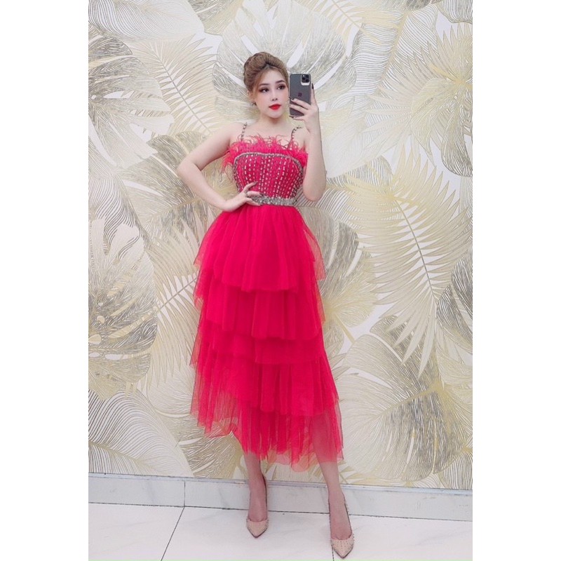 Đầm dự tiệc công chúa 2 dây xếp tầng phối lông công TRIPBLE T DRESS - Size M/L - MS162V