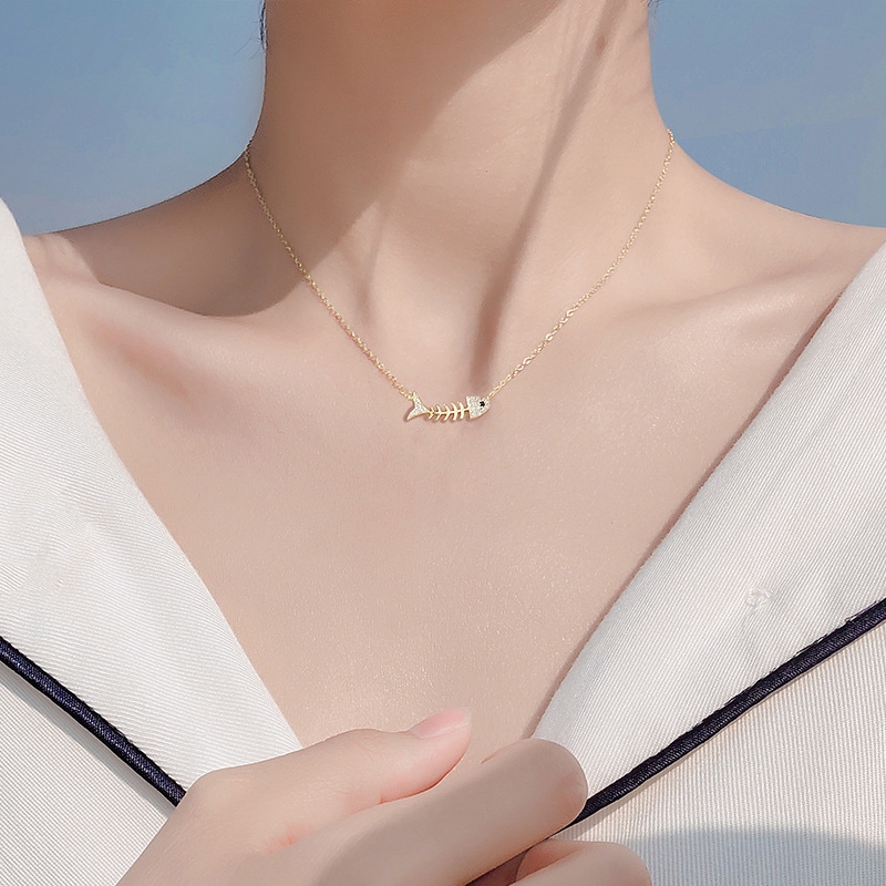 Vòng cổ mạ bạc 925 hình xương cá đính đá độc lạ