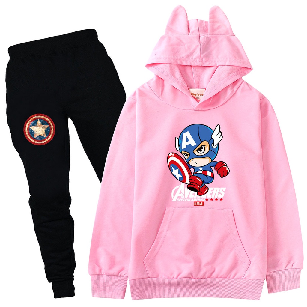 Bộ Áo Hoodie Dài Tay + Quần Dài In Họa Tiết Hoạt Hình Captain America Cho Bé Trai / Gái