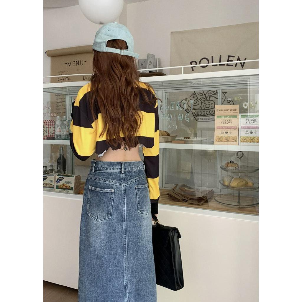 Chân Váy Denim Dài Xẻ Tà Dáng Rộng Thời Trang Mùa Hè Phong Cách Retro 63105