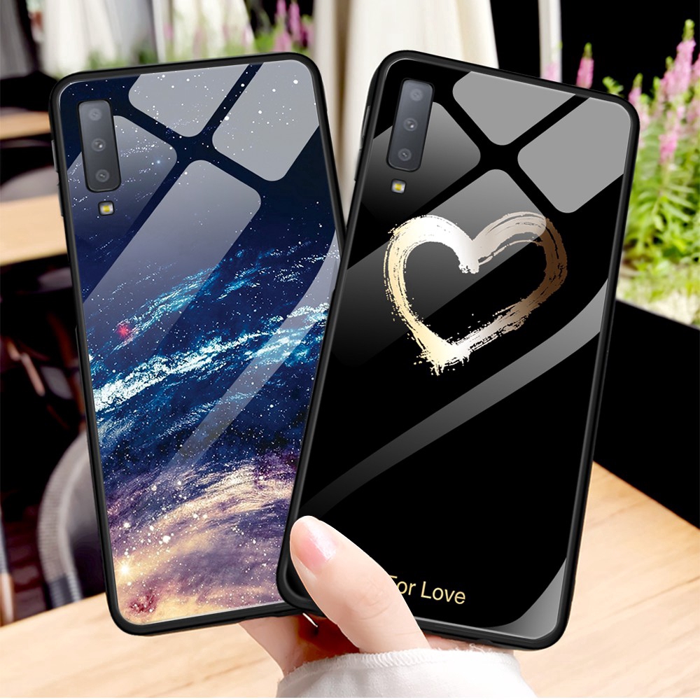 Ốp điện thoại mặt kính cường lực in hình hoa lá trái tim cho Samsung A7 2018 | BigBuy360 - bigbuy360.vn