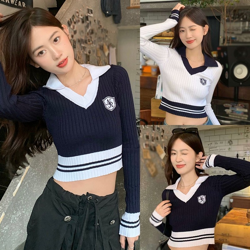 Áo Croptop Dệt Kim Tay Dài Dáng Ôm Màu Tương Phản Phong Cách Học Sinh Hàn Quốc Thời Trang Cho Nữ