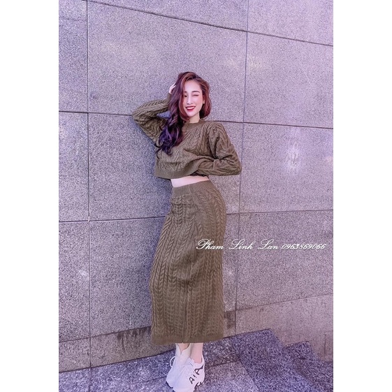 Set áo len lửng chân váy maxi