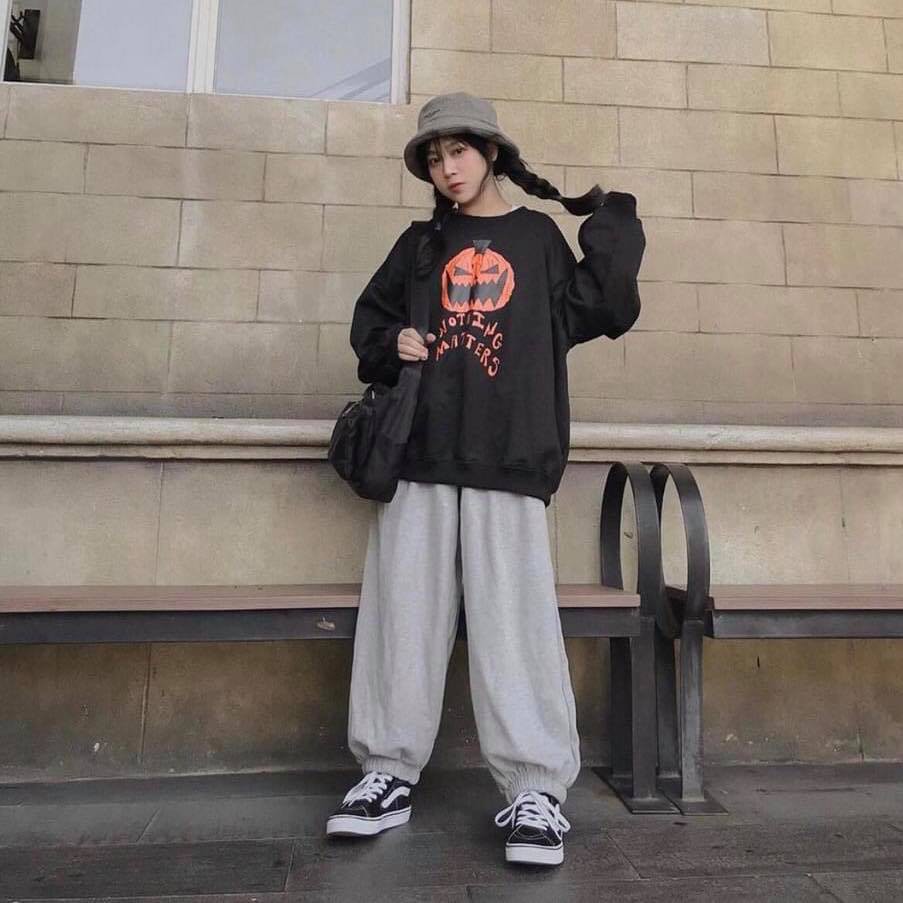 Bộ đồ bí ngô haloween Unisex - Set quần nỉ jogger áo thun dài tay form thụng oversize nam nữ Ulzzang HOT | BigBuy360 - bigbuy360.vn
