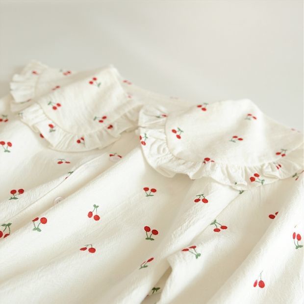 Áo Sơ Mi Tay Dài Cổ Búp Bê Họa Tiết Cherry Phong Cách Nhật Bản Mới