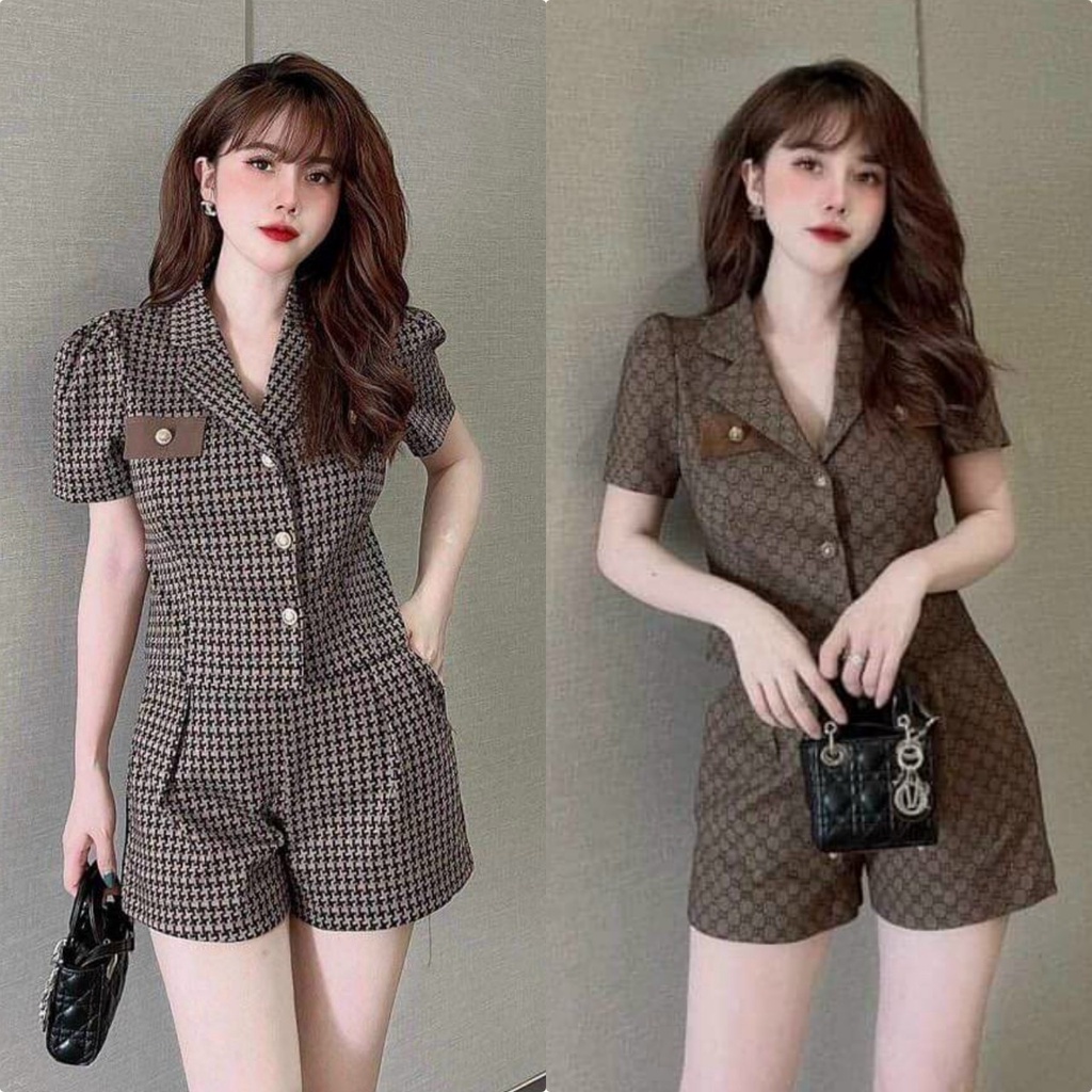 Sét bộ đùi áo tay ngắn cổ vest cài nút hoạ tiết sọc caro cực xinh