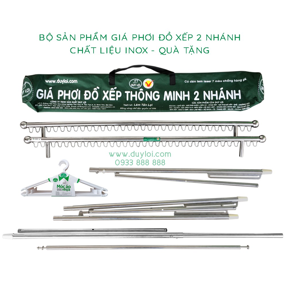 SÀO PHƠI ĐỒ XẾP 2 NHÁNH INOX DUY LỢI - LOẠI NGẮN ( QUÀ TẶNG 20 MÓC ÁO)