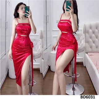 Đầm nhung 2 dây xẻ đùi