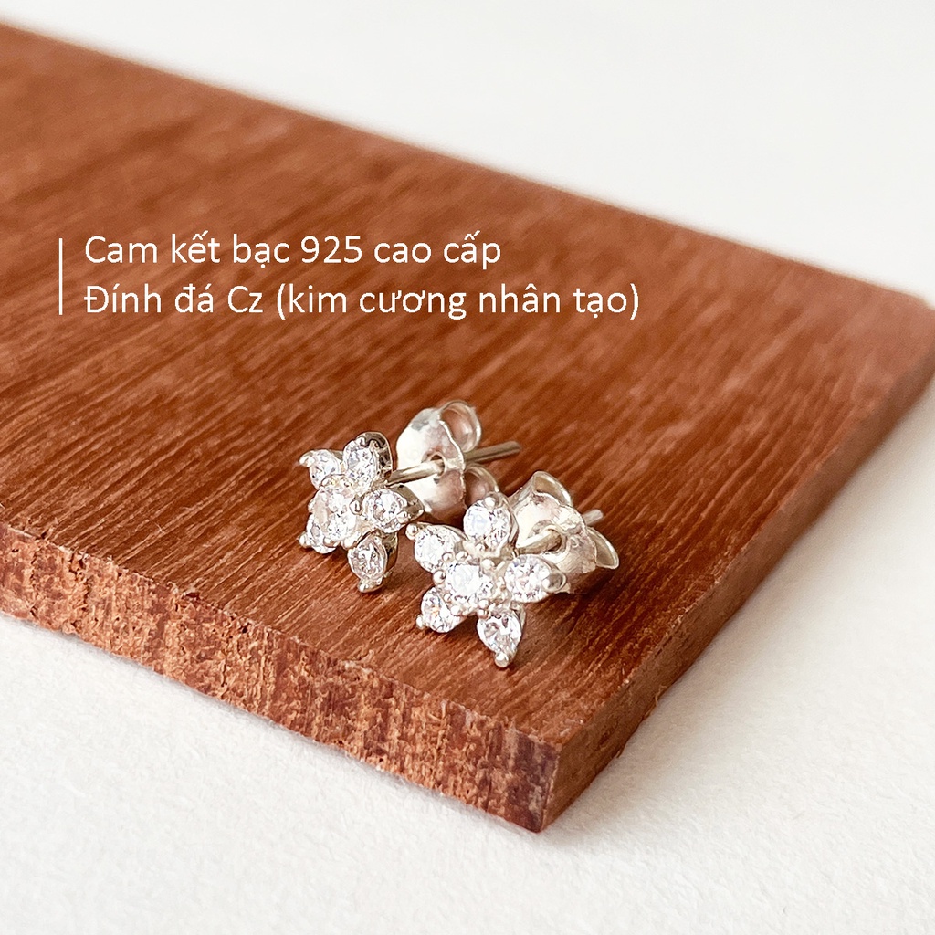 Khuyên tai bạc đính đá hình hoa mai 5 cánh CiCi Silver, bông tai bạc 925, bạc thật kèm chốt bạc