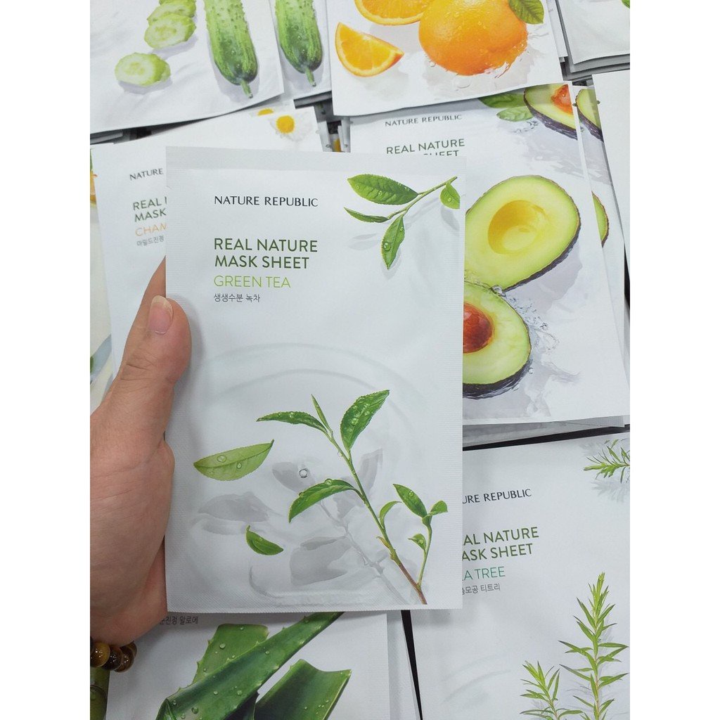 Combo 5 Mặt Nạ Giấy Cấp Ẩm, Ngừa Mụn, Săn Chắc Da Nature Republic Real Nature Mask Sheet 23ml x 5 - Green tea