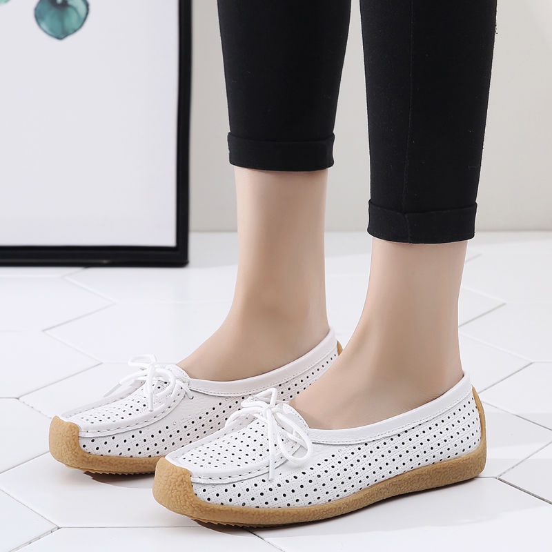 Giày Lười Da Thật Đế Mềm Đục Lỗ Thoáng Khí Cho Nữ
