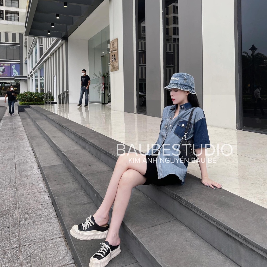 Áo sơ mi Jean nữ cộc tay form rộng. áo bò nữ tay ngắn có túi ngực free Size 45&gt;&gt;60 kg