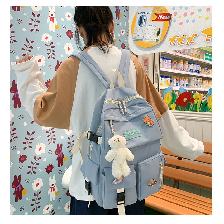 Balo nữ Alice Flower chất liệu vải canvas chống thấm tặng kèm sticker móc khóa gấu bông dễ thương