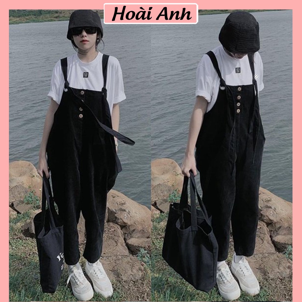 Quần Yếm Nhung Tăm Khuy Gỗ Quần Yếm Dài Style Hàn Quốc Freesize Form Rộng