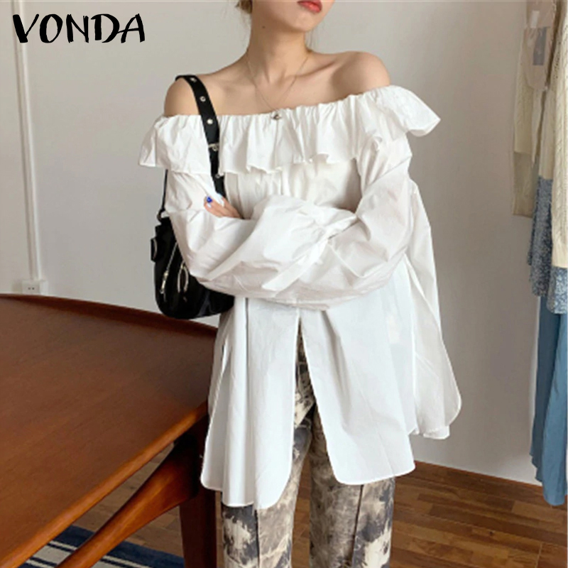 VONDA Áo Trễ Vai Tay Dài Nhún Bèo Phong Cách Hàn Quốc