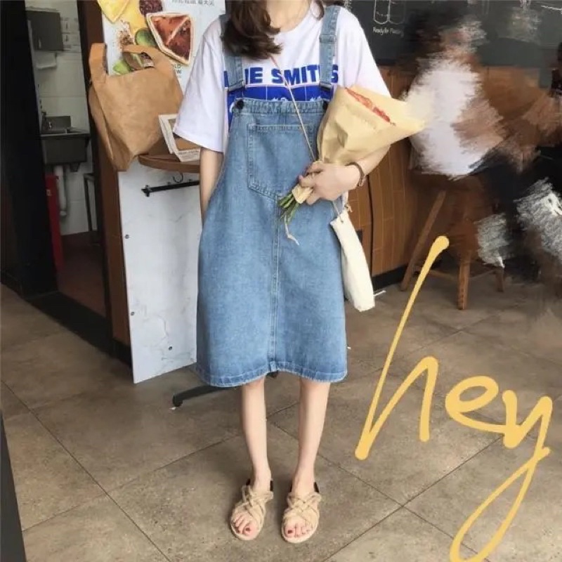 Váy Yếm Jean Nữ Màu Xanh Có Túi Trước Phom Rộng, Yếm Bò Basic Có Dây Điều Chỉnh Phong Cách Hàn Quốc Loại 1 Đủ Size