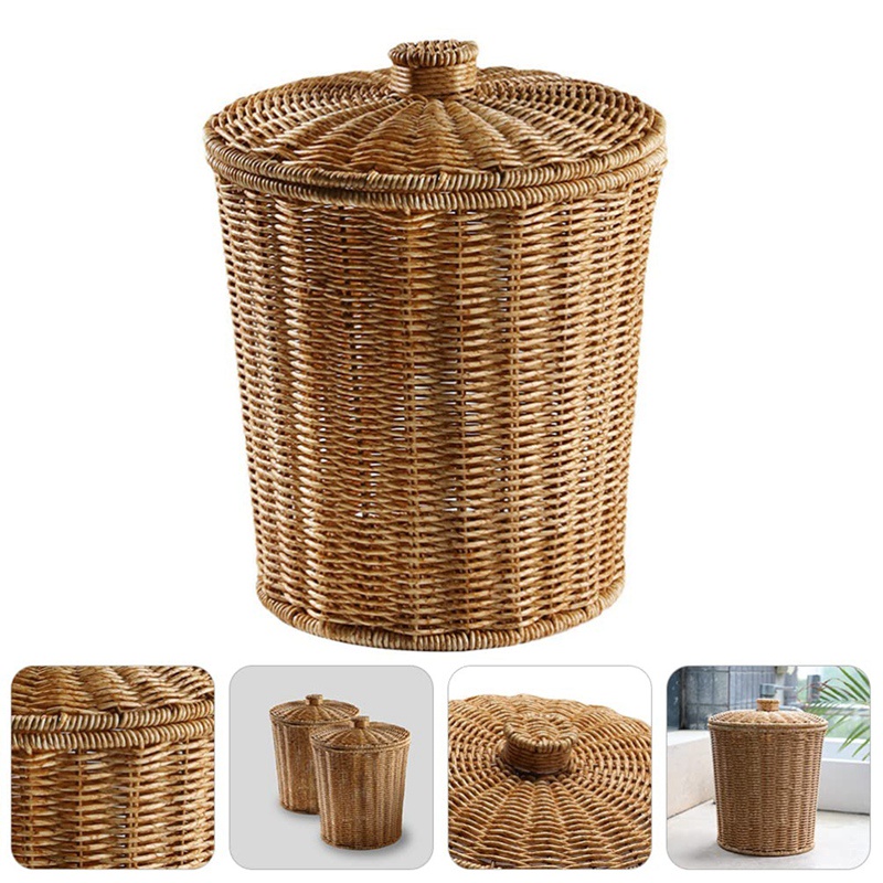 Giỏ Đựng Rác Bằng Mây Đan Hình Tròn Có Nắp Đậy Tiện Dụng