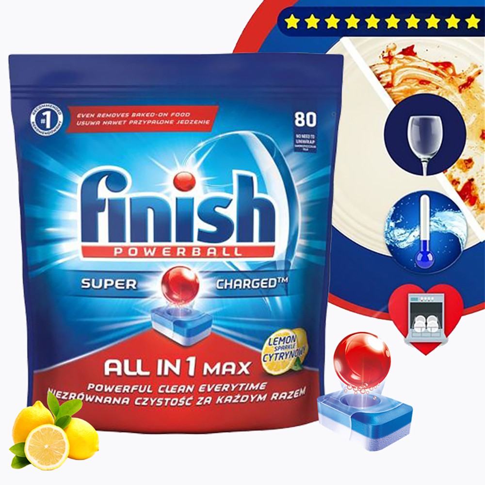 Túi 80 viên rửa chén Finish All In 1 Max Dishwasher Tablets Lemon QT025452 - hương chanh, Viên nén rửa chén bát