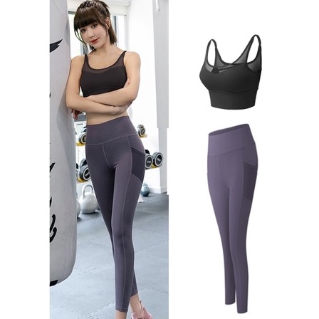 Set quần áo tập Gym Yoga nữ 2 món áo bra phối lưới &amp; quần legging có túi zip tiện dụng S033 GYM FASHION