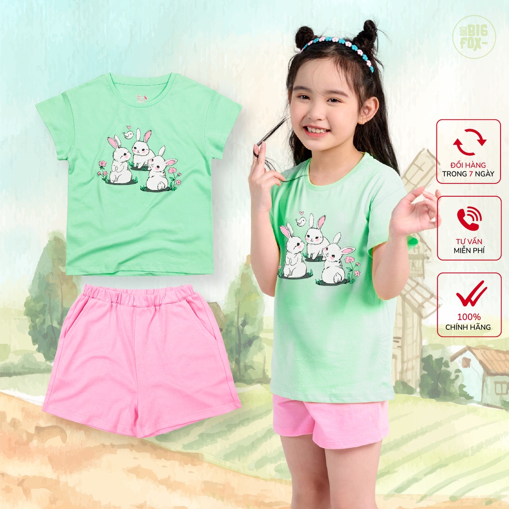 Bộ Đồ Quần Áo Cộc Tay Cho Bé Gái Missmeow Mặc Mùa Hè Chất Liệu Cotton In Hình Thỏ Size Đại Trẻ Em 3,4,5,6,7,8 Tuổi