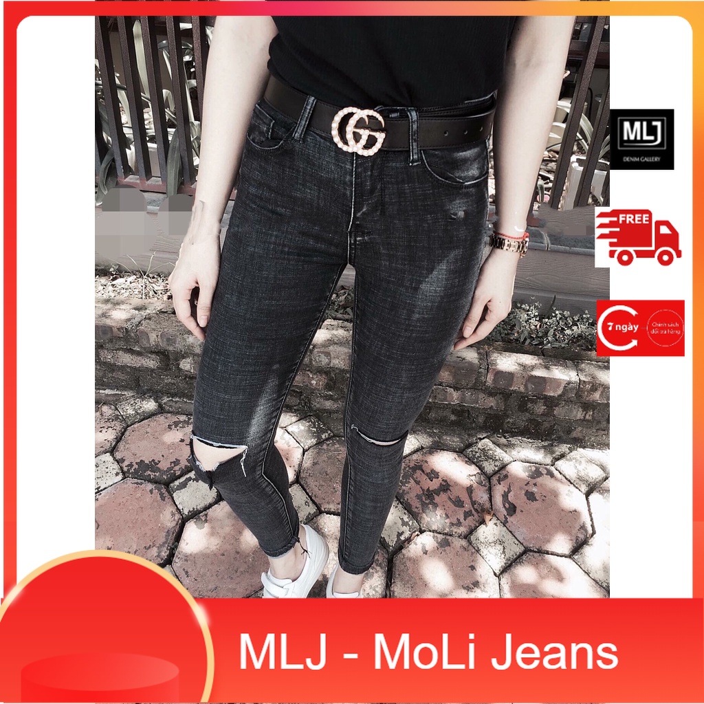 Quần jean dài Bigsize màu đen đốm muối tiêu, lưng cao, co dãn mạnh, Rách 2 gối