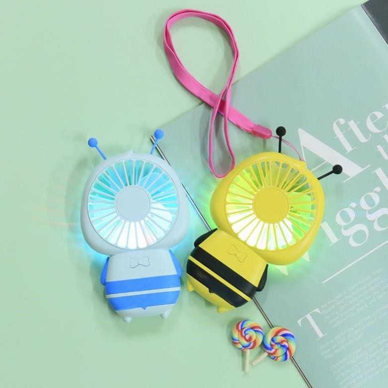 Quạt mini cầm tay đeo cổ hình CHÚ ONG phát sáng  Đổi màu sắc liên tục  Quạt Tích điện USB  Cực mát