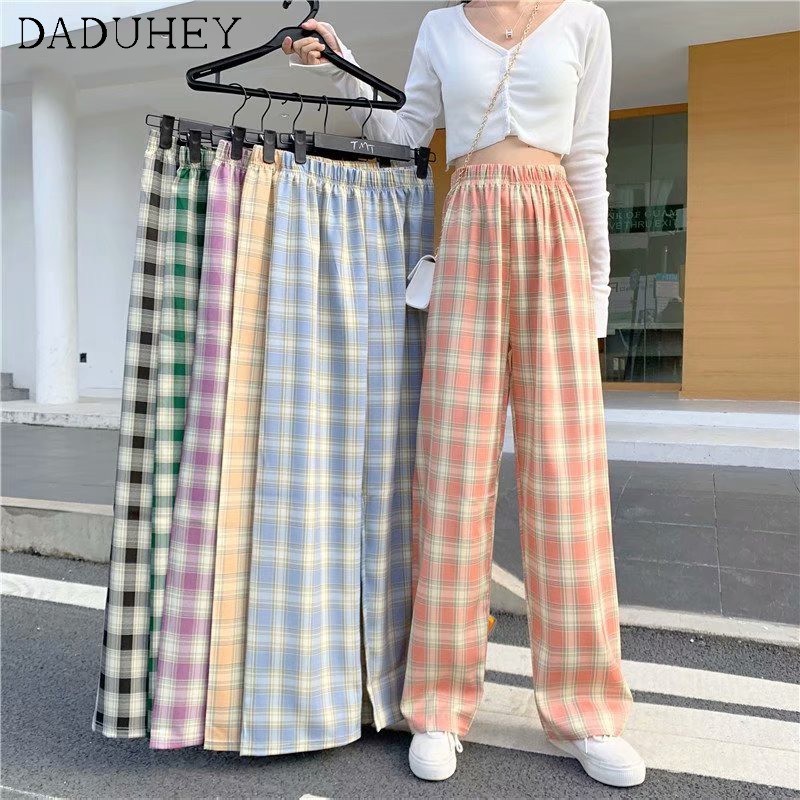 DaDuHey💕 Women's Plaid Elastic Waist Wide Leg Pants Women Floor Straight Plus Size Casual Loose Floor Trousers