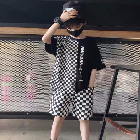 Bộ đồ bé trai CON XINH cotton  họa tiết Caro , set quần áo trẻ em từ 4 đến 10 tuổi