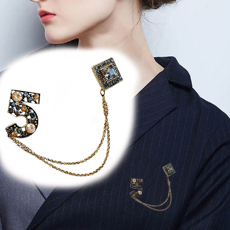 Ghim cài áo hình số 5 đính đá phong cách vintage độc đáo