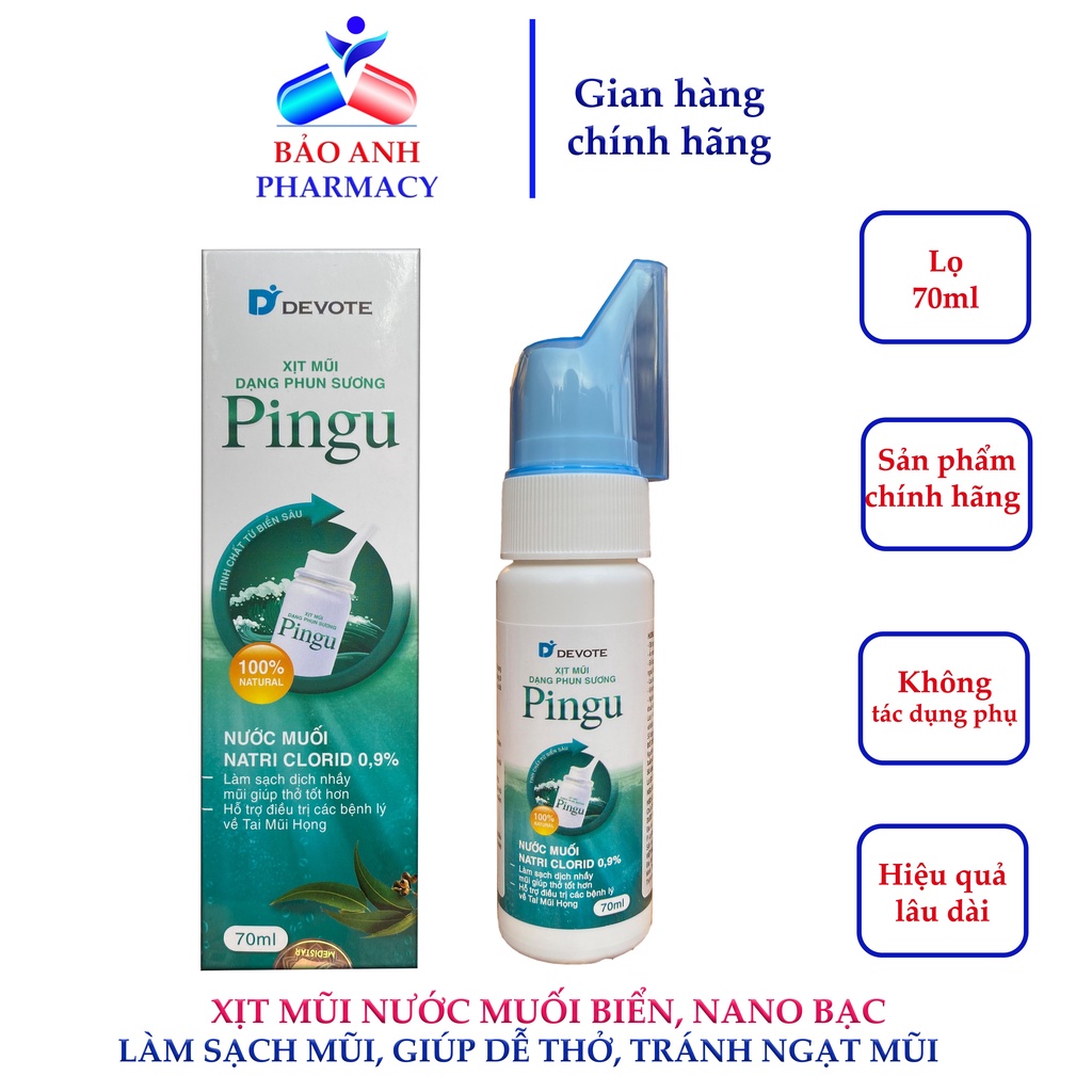 Xịt mũi dạng phun sương nước muối sinh lý PINGU chứa Nano bạc giúp rửa mũi, kháng khuẩn, bảo vệ mũi -Hộp 70 ml
